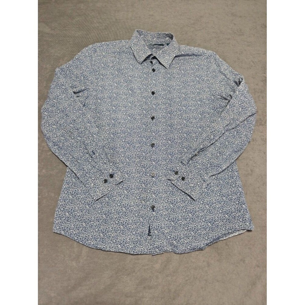 Perry Ellis Mens Medium Floral Button Up Shirt Blue White Long Sleeve
